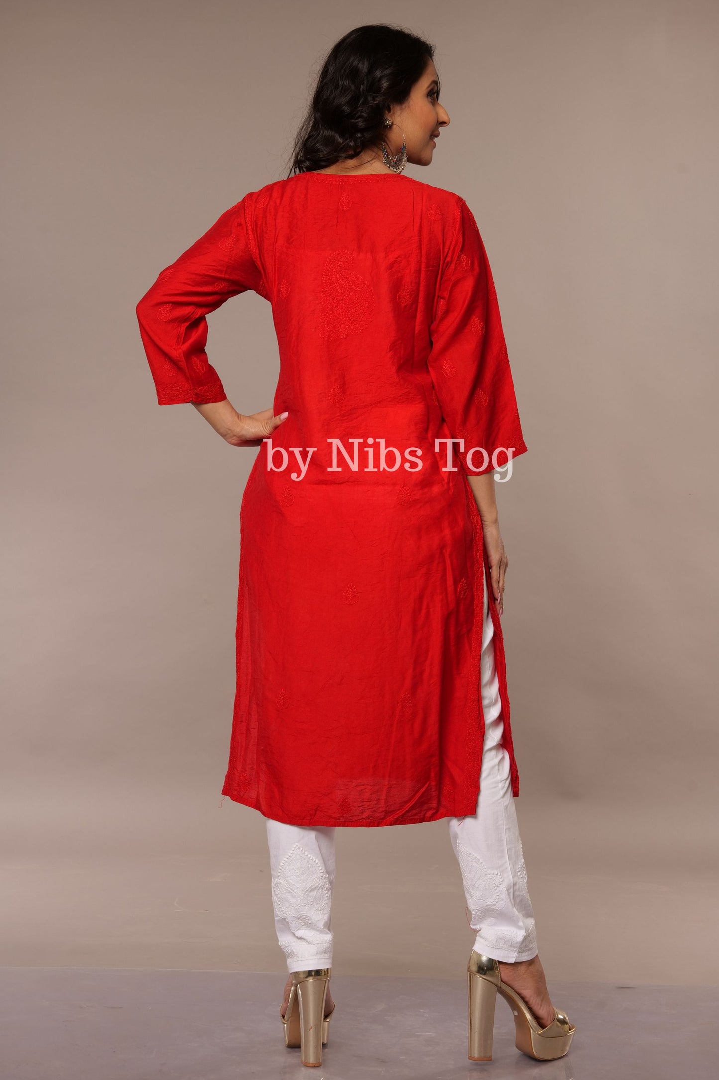Modal Silk Chikankari Kurta Red