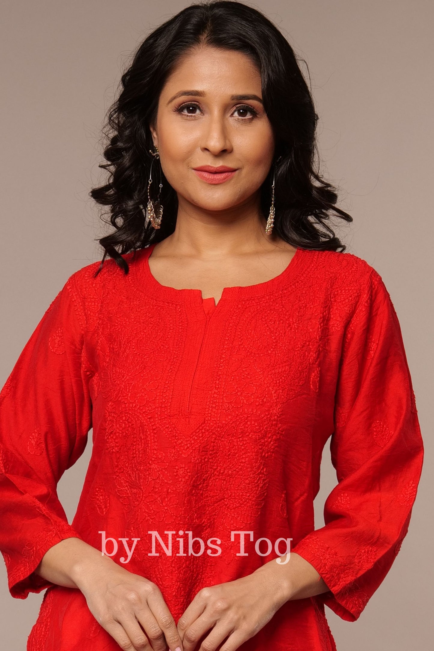 Modal Silk Chikankari Kurta Red