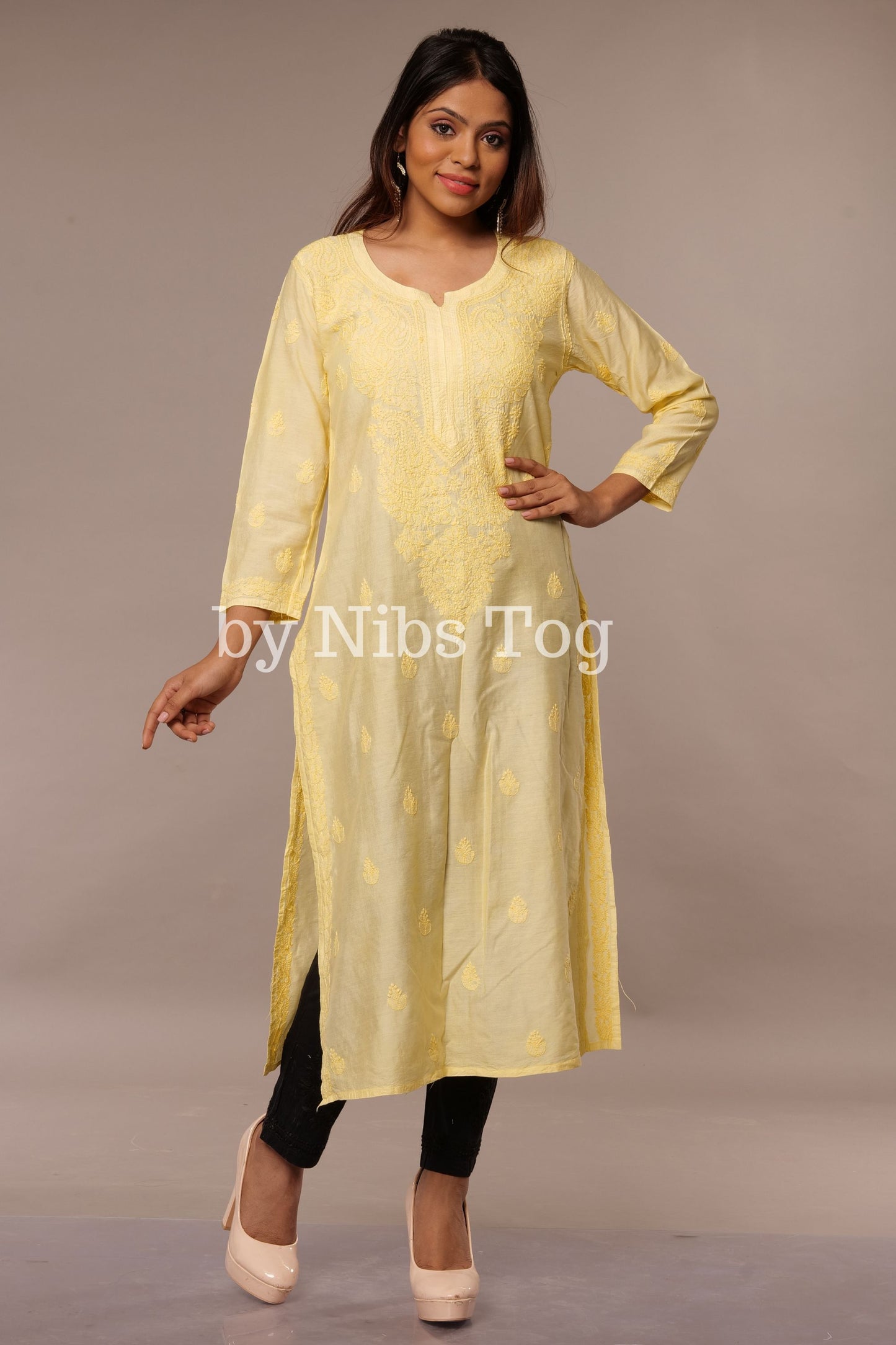 Modal Silk Straight Chikankari Kurta Lemon Yellow