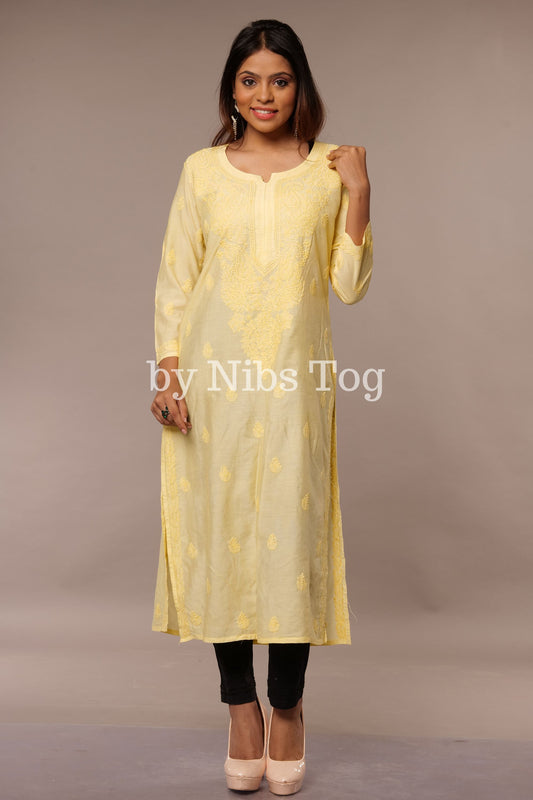 Modal Silk Straight Chikankari Kurta Lemon Yellow