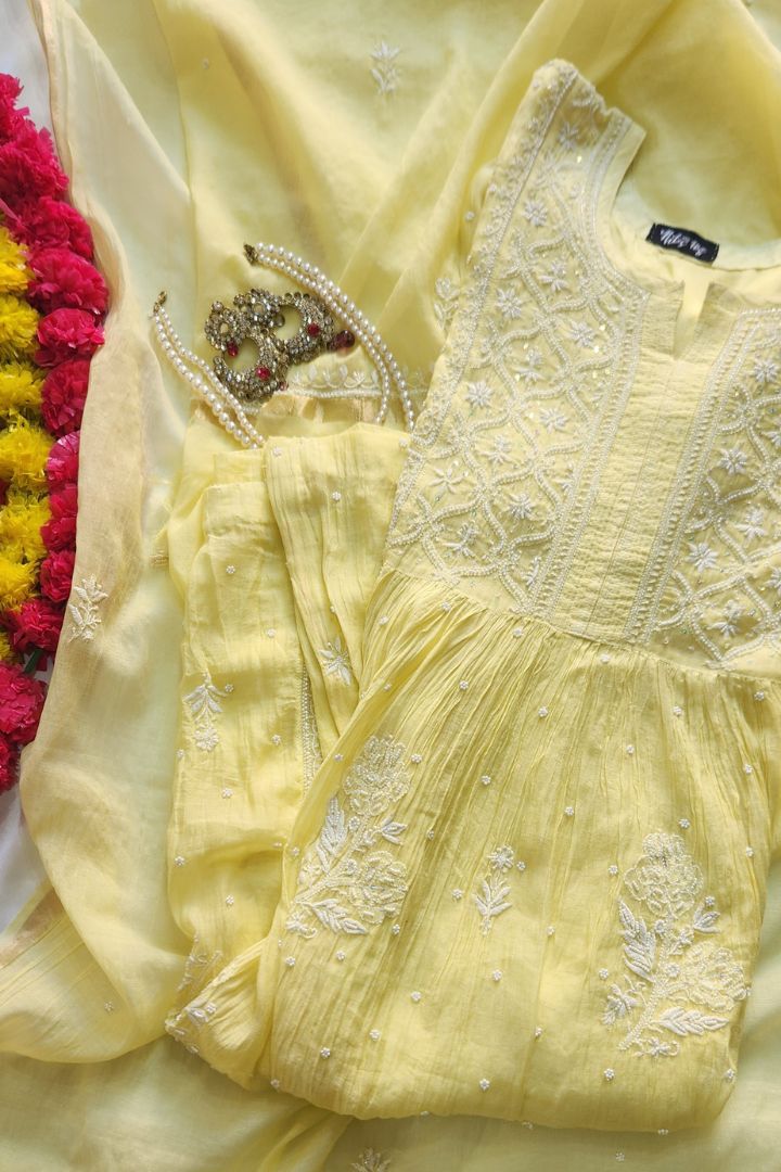Lemon Yellow Roohani Mulmul Chikankari Kurta Dupatta Set