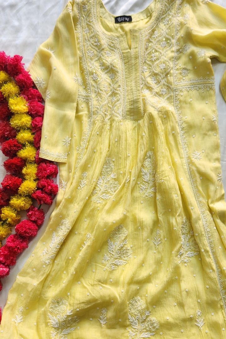 Lemon Yellow Roohani Mulmul Chikankari Kurta Dupatta Set