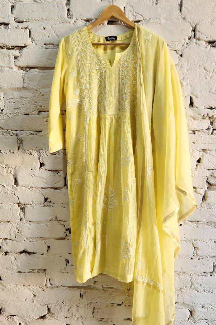 Lemon Yellow Roohani Mulmul Chikankari Kurta Dupatta Set