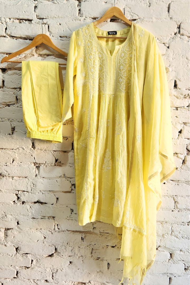 Lemon Yellow Roohani Mulmul Chikankari Kurta Dupatta Set