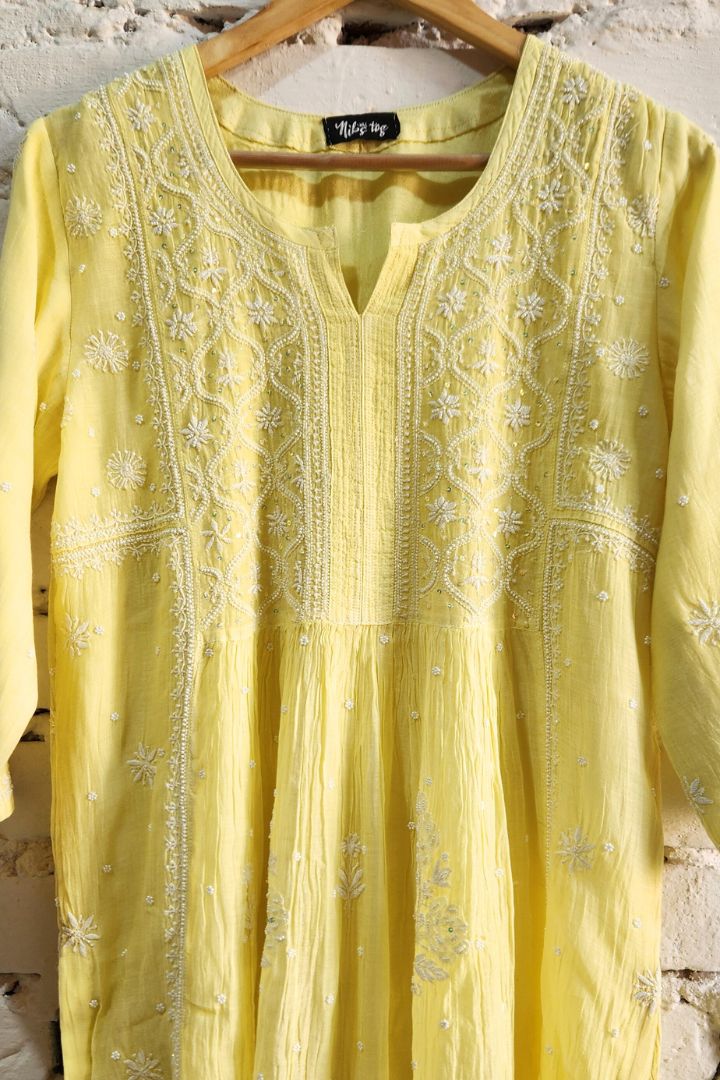 Lemon Yellow Roohani Mulmul Chikankari Kurta Dupatta Set