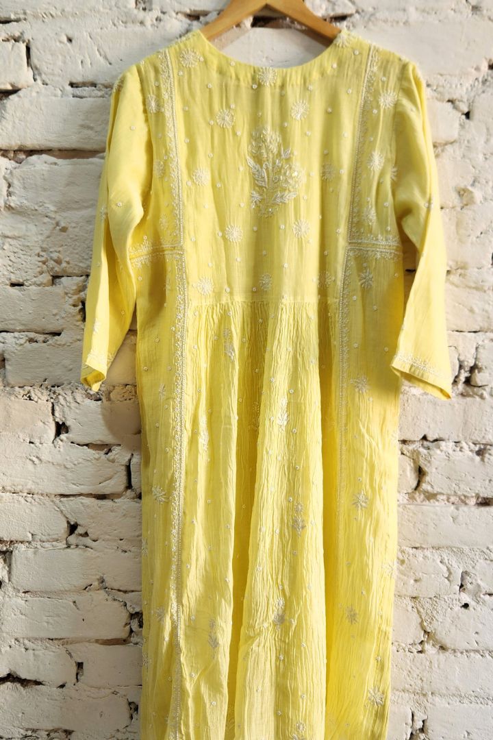 Lemon Yellow Roohani Mulmul Chikankari Kurta Dupatta Set