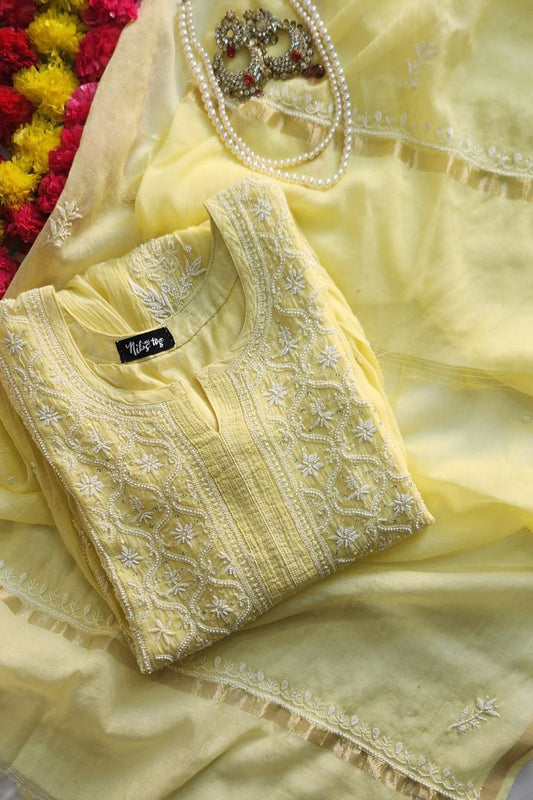 Lemon Yellow Roohani Mulmul Chikankari Kurta Dupatta Set