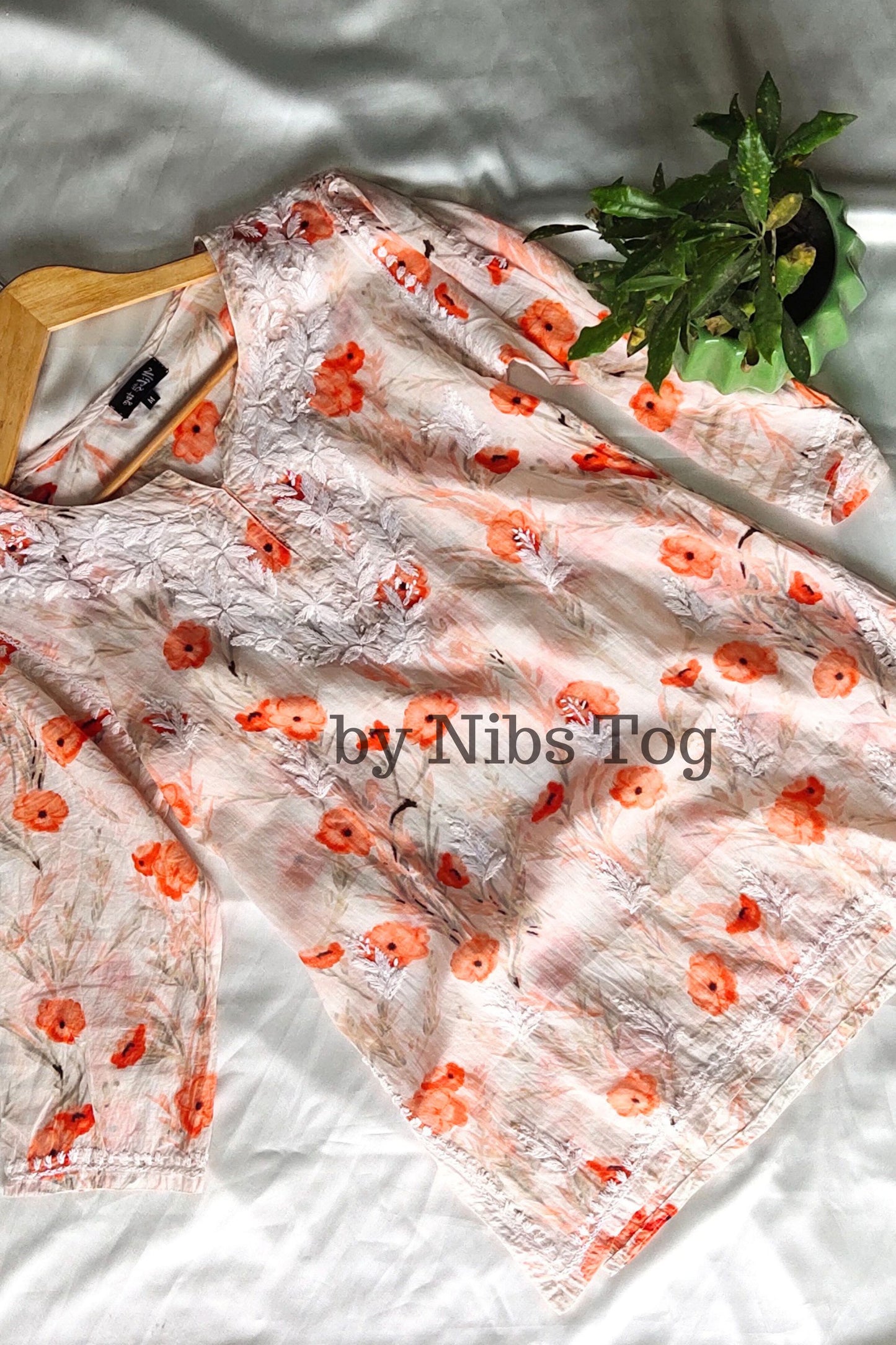 Floral Print Mulmul Cotton Short Chikankari Kurta Peach