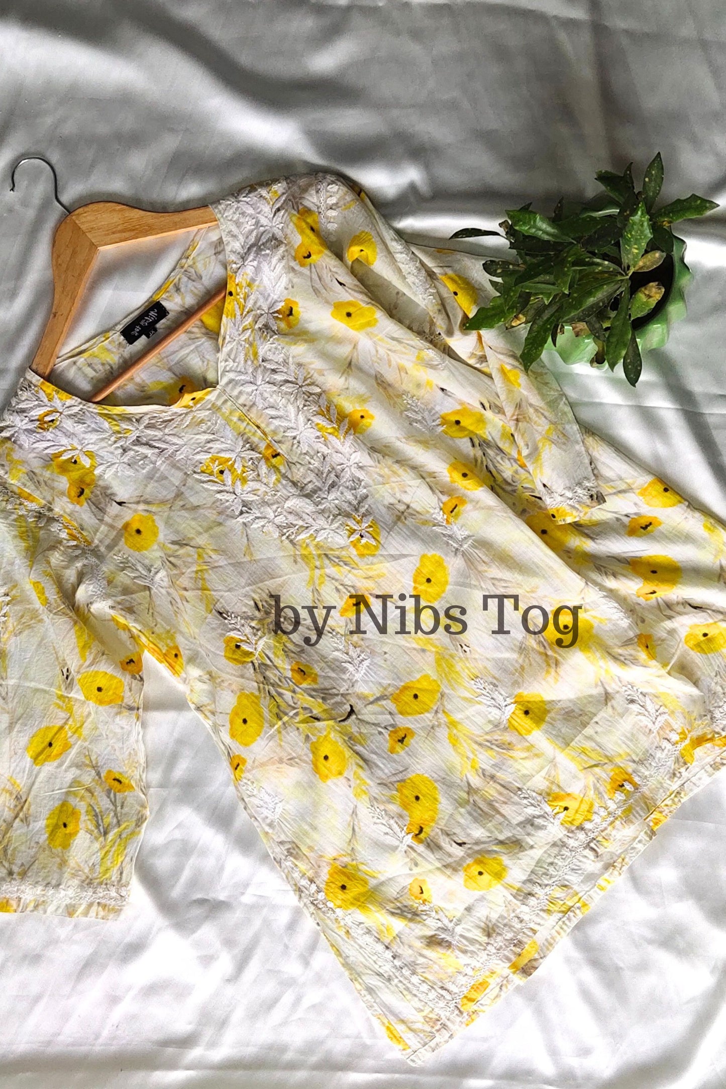 Floral Print Mulmul Cotton Short Chikankari Kurta Yellow