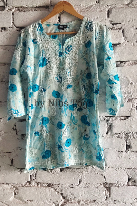 Floral Print Mulmul Cotton Short Chikankari Kurta Blue