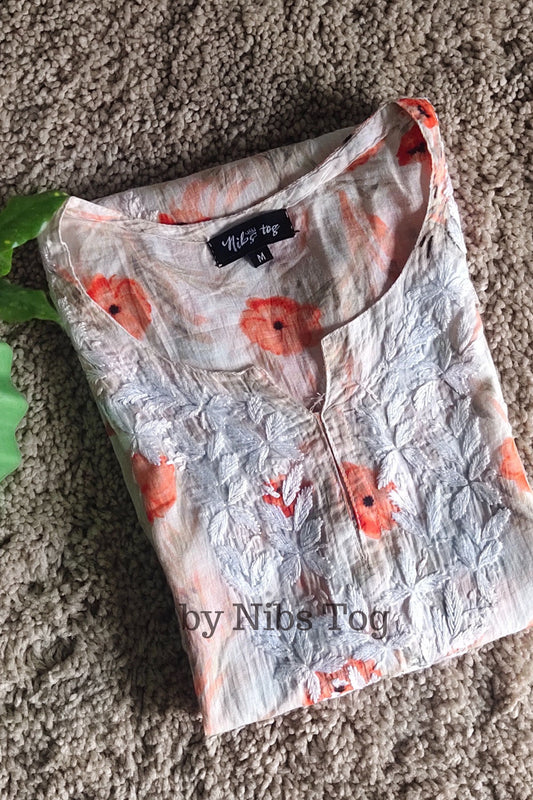 Floral Print Mulmul Cotton Short Chikankari Kurta Peach