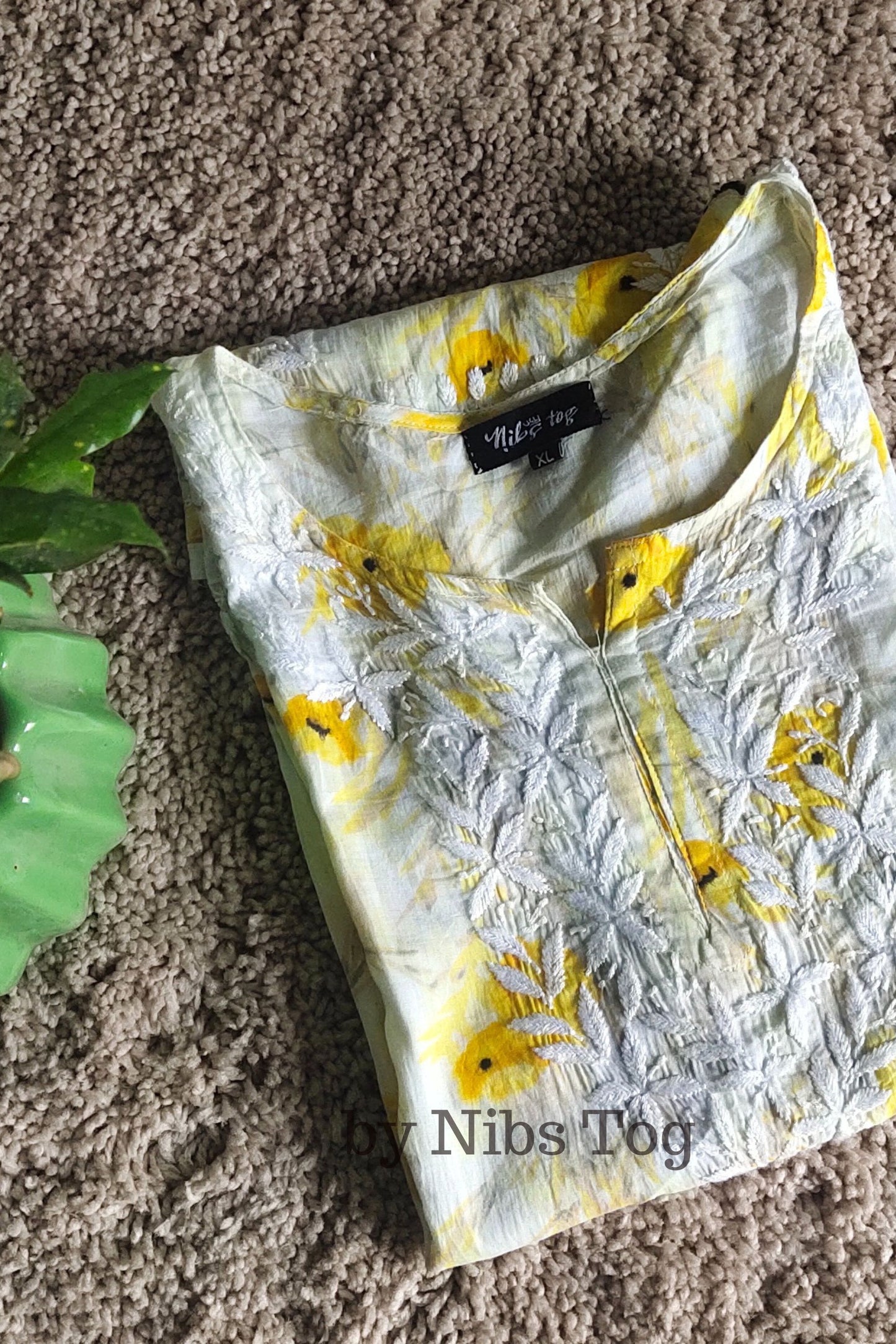 Floral Print Mulmul Cotton Short Chikankari Kurta Yellow