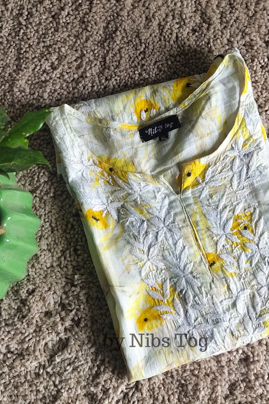 Floral Print Mulmul Cotton Short Chikankari Kurta Yellow