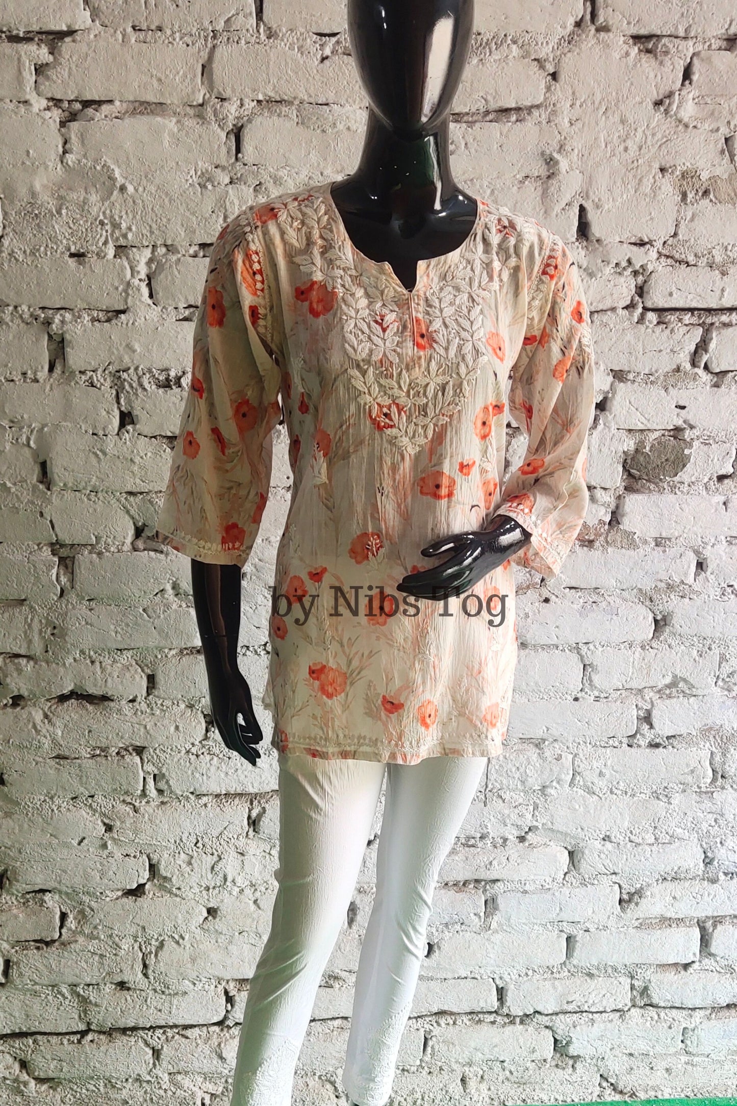 Floral Print Mulmul Cotton Short Chikankari Kurta Peach