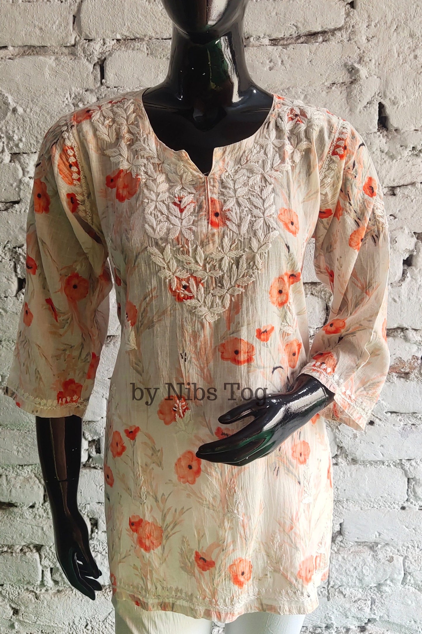 Floral Print Mulmul Cotton Short Chikankari Kurta Peach
