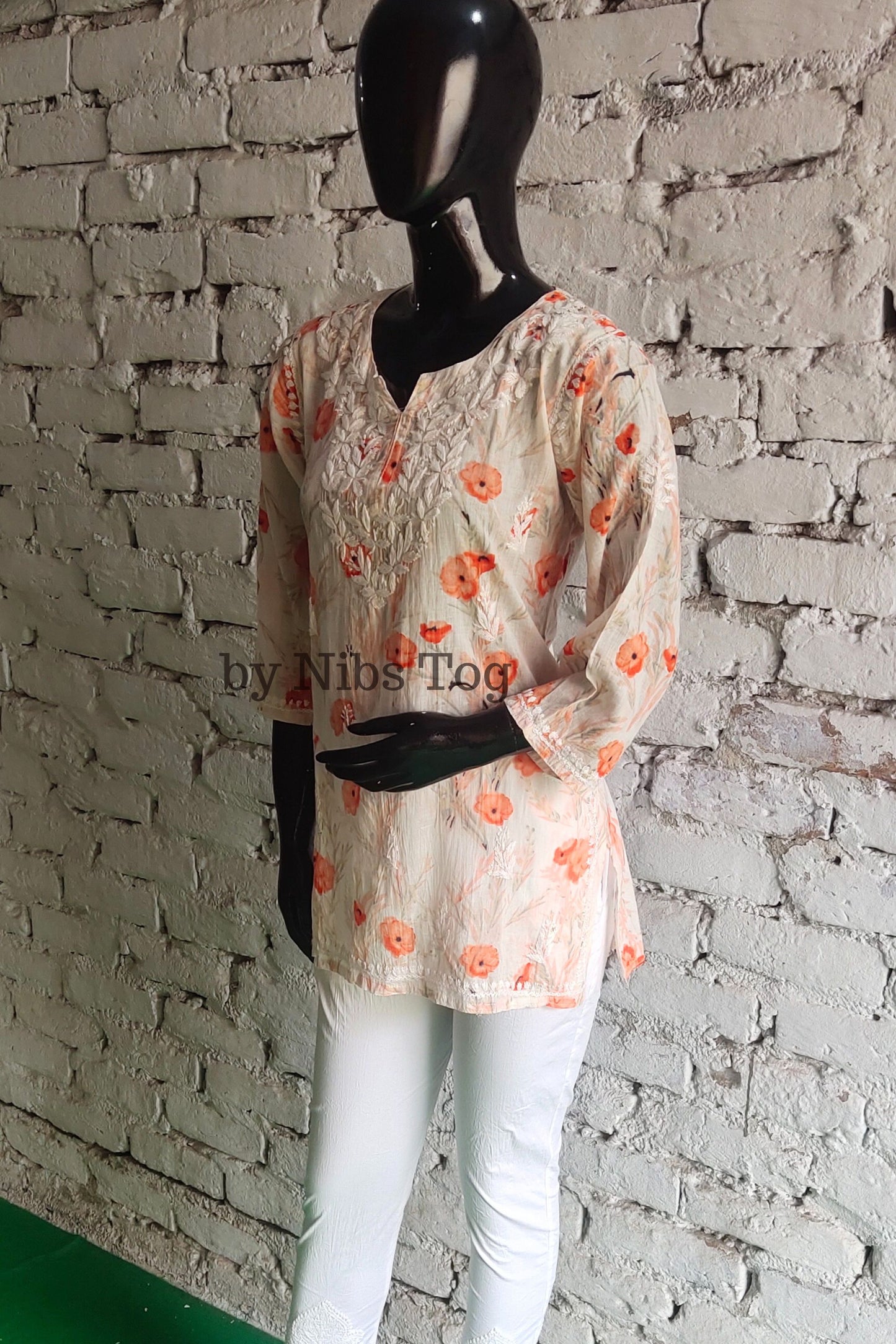 Floral Print Mulmul Cotton Short Chikankari Kurta Peach