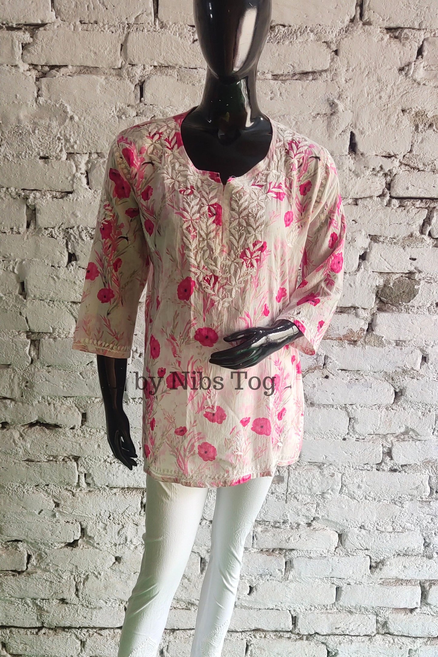 Floral Print Mulmul Cotton Short Chikankari Kurta Pink