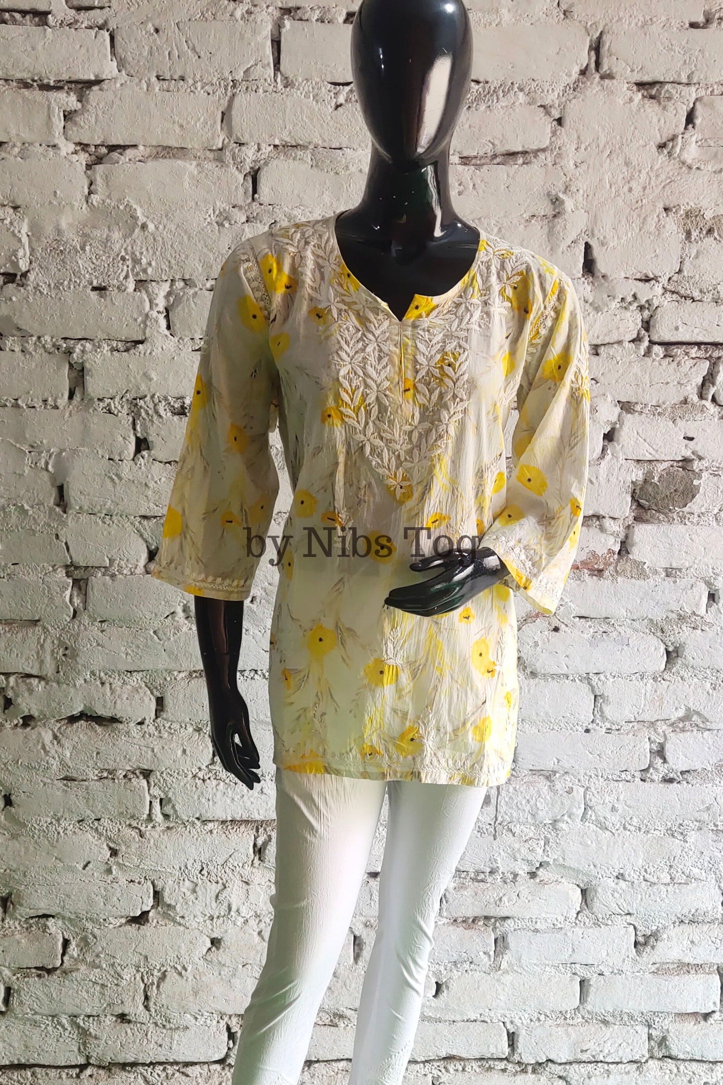 Floral Print Mulmul Cotton Short Chikankari Kurta Yellow