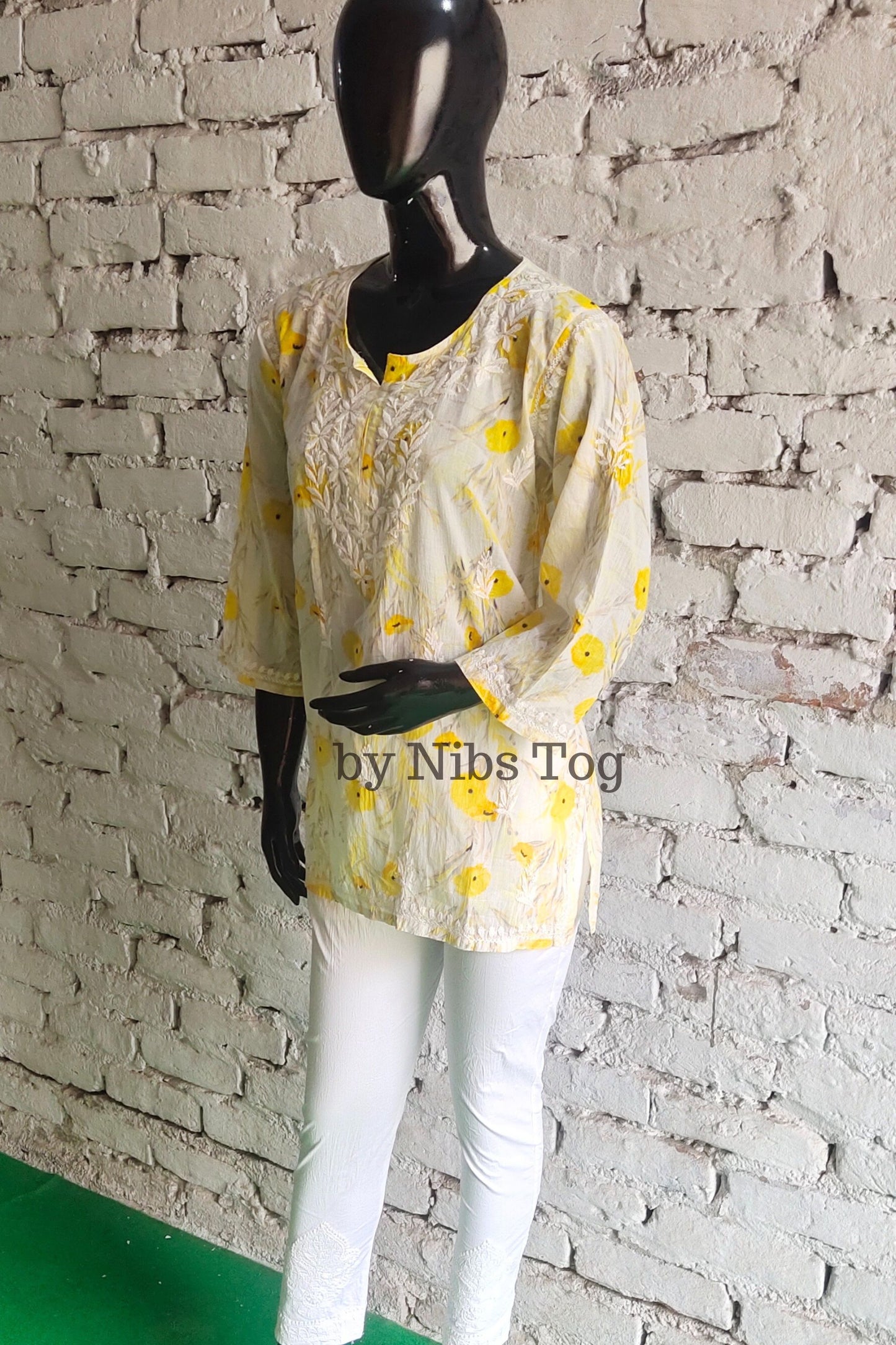 Floral Print Mulmul Cotton Short Chikankari Kurta Yellow