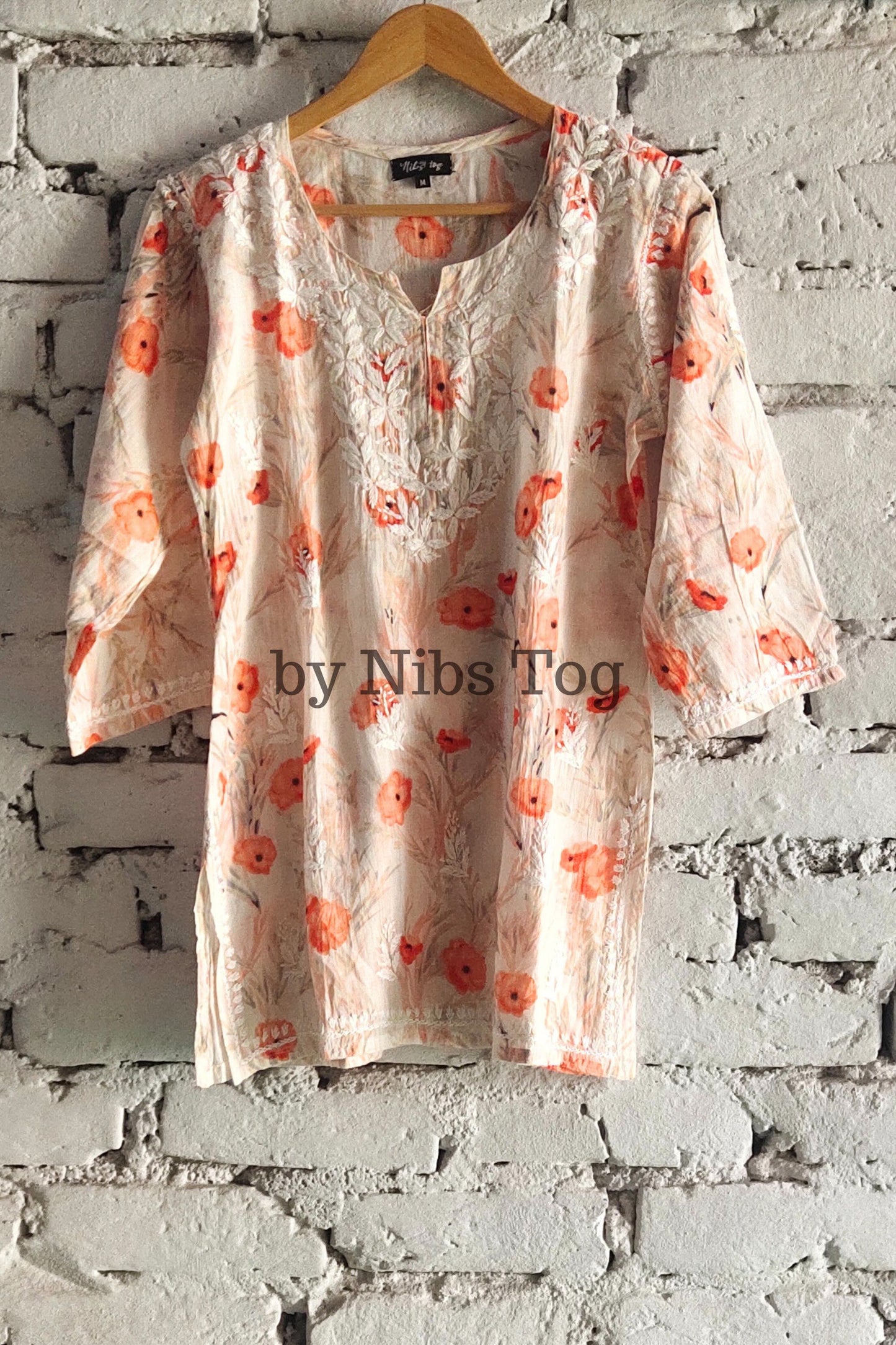 Floral Print Mulmul Cotton Short Chikankari Kurta Peach
