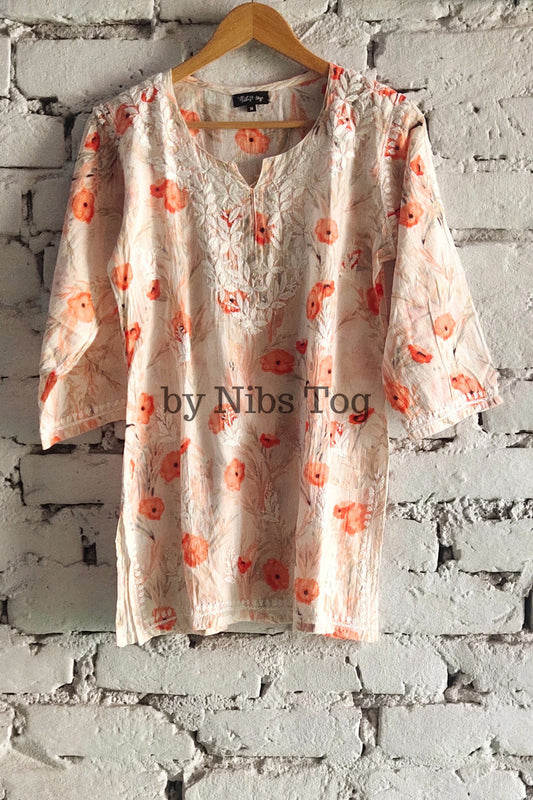 Floral Print Mulmul Cotton Short Chikankari Kurta Peach