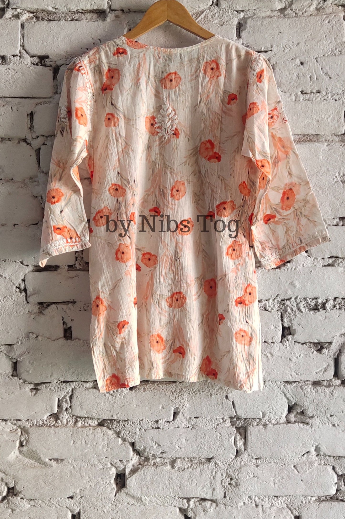 Floral Print Mulmul Cotton Short Chikankari Kurta Peach