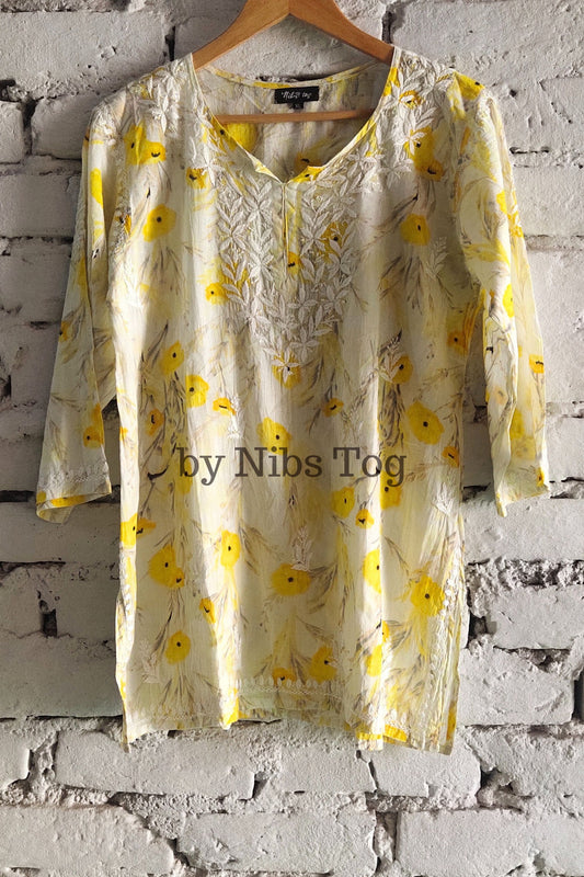 Floral Print Mulmul Cotton Short Chikankari Kurta Yellow