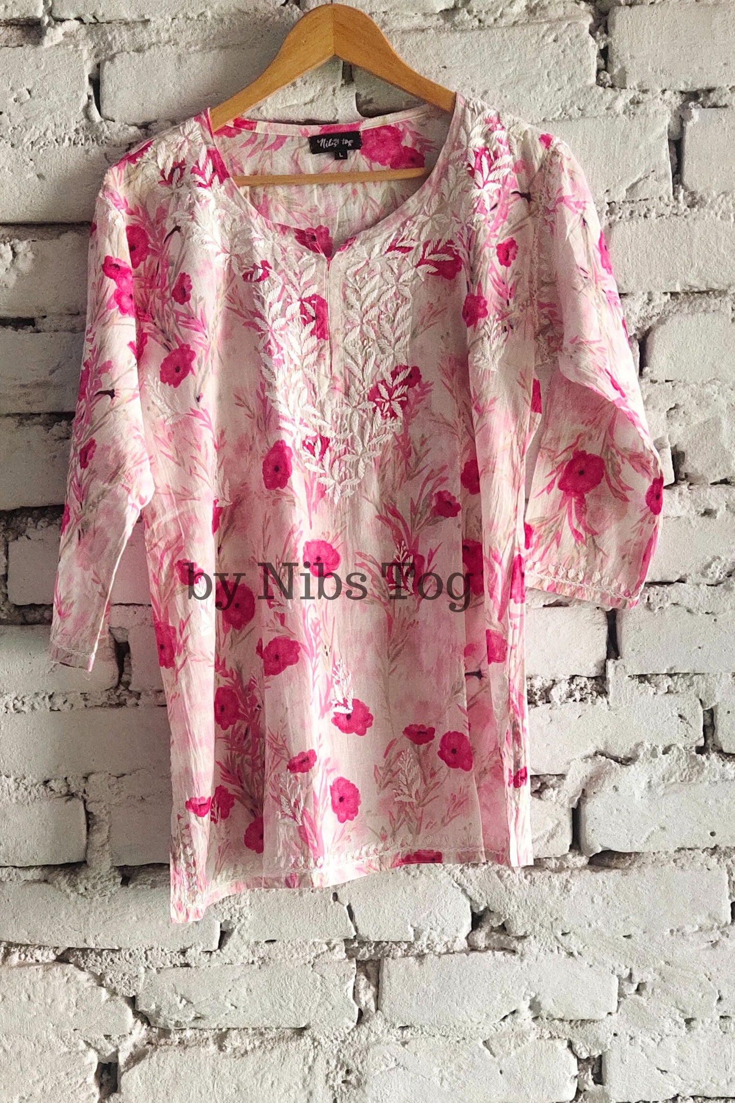 Floral Print Mulmul Cotton Short Chikankari Kurta Pink