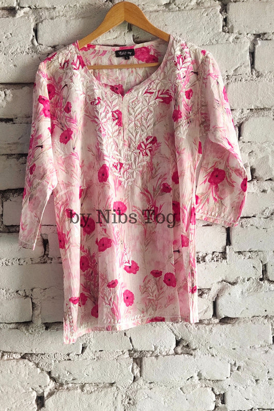 Floral Print Mulmul Cotton Short Chikankari Kurta Pink