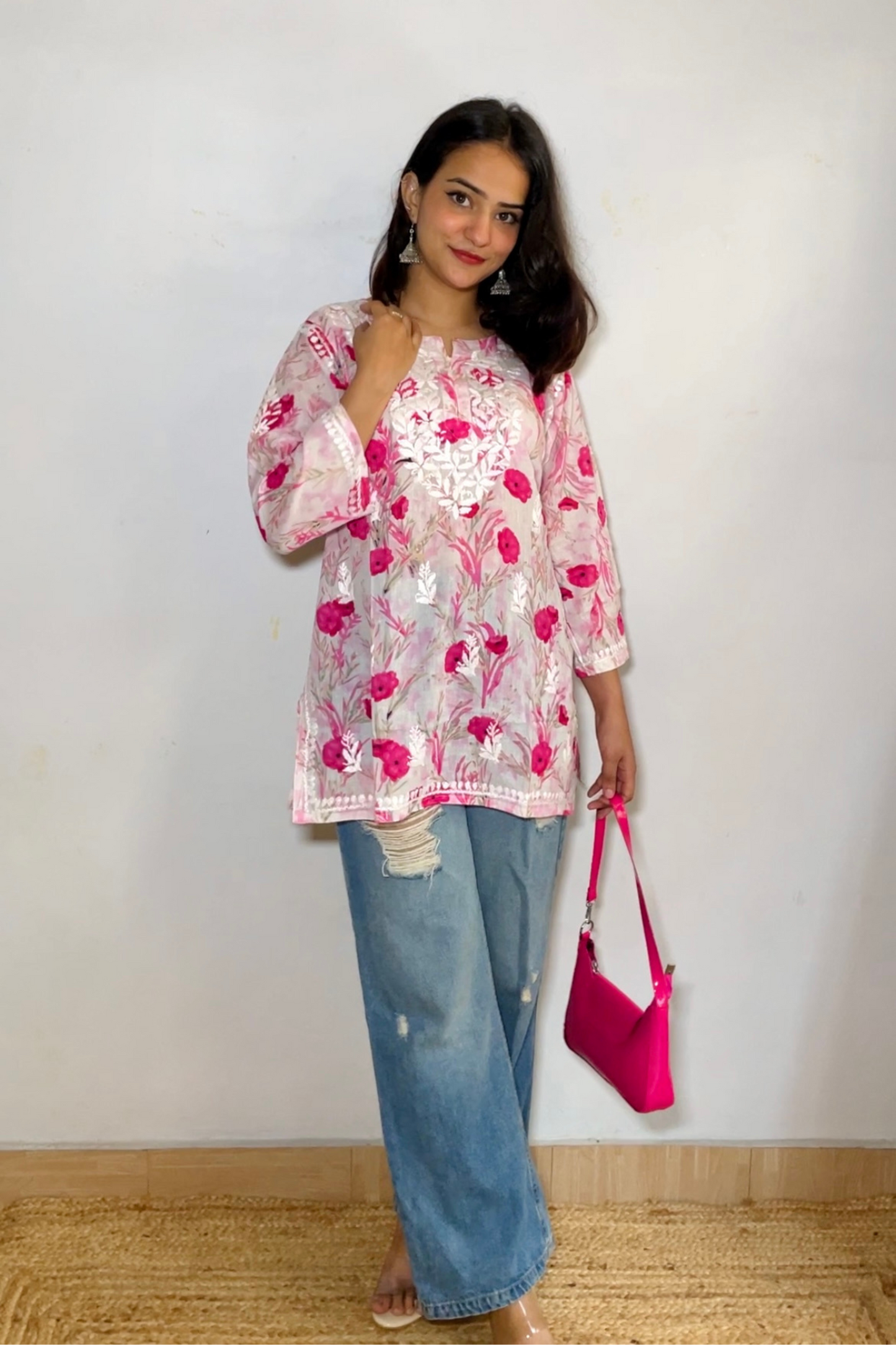 Isha Floral Print Mulmul Chikankari Short Kurta