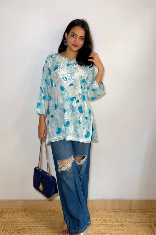 Isha Floral Print Mulmul Chikankari Short Kurta