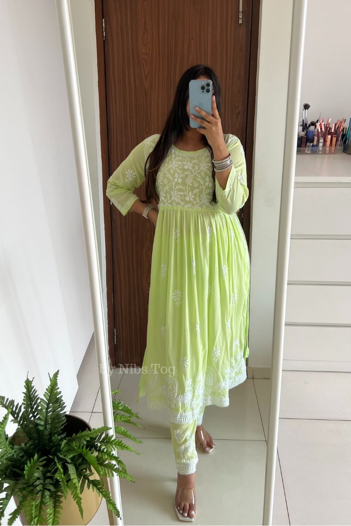 Naira Cut Chikankari Embroidered Kurta Pant Set