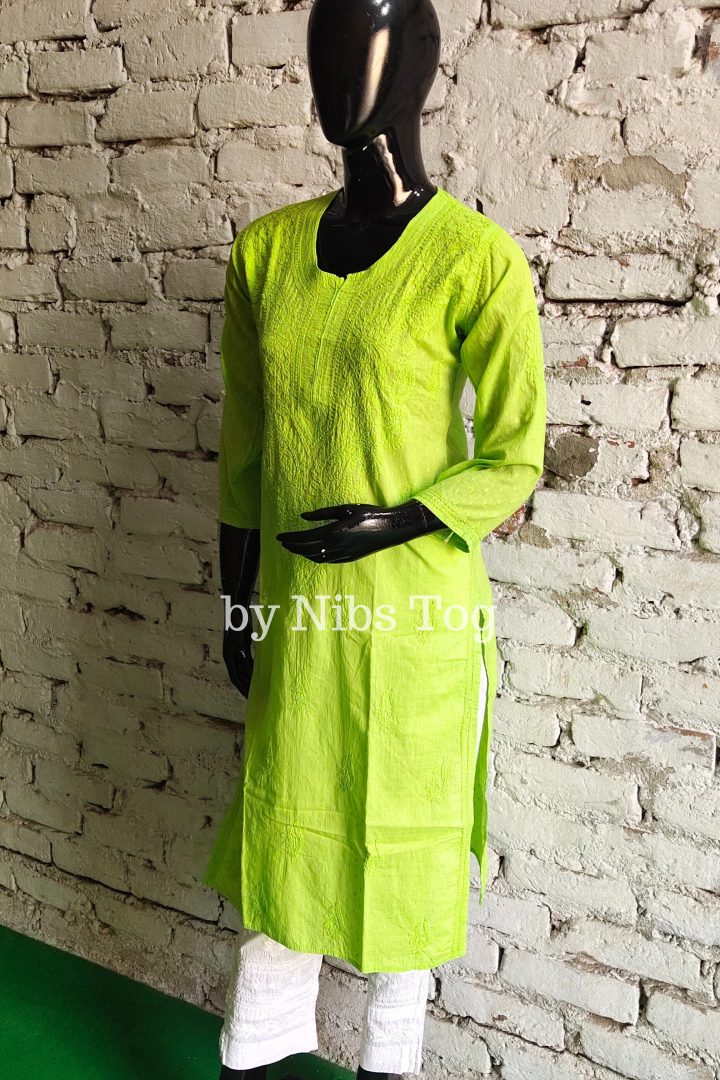 Fresh Green Rozana Chikankari kurta Dobby Cotton