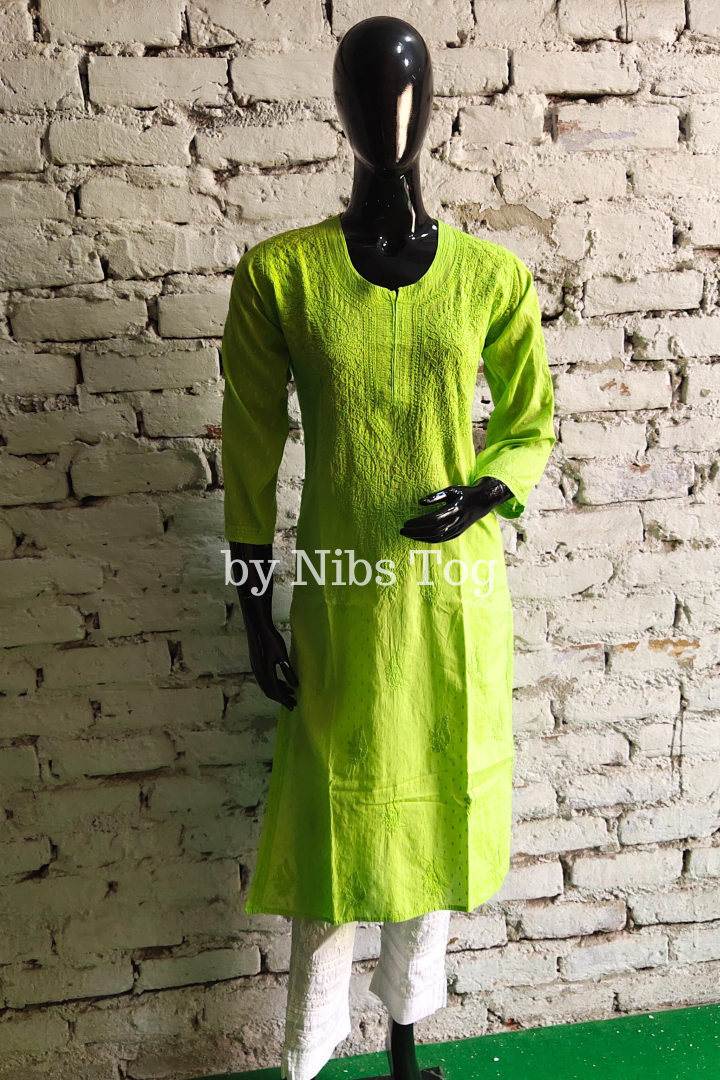 Fresh Green Rozana Chikankari kurta Dobby Cotton