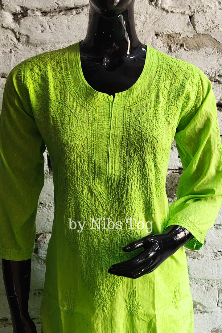 Fresh Green Rozana Chikankari kurta Dobby Cotton