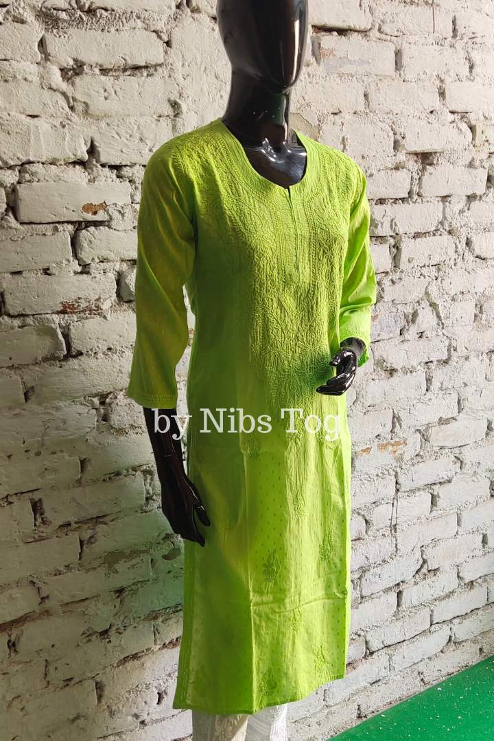 Fresh Green Rozana Chikankari kurta Dobby Cotton