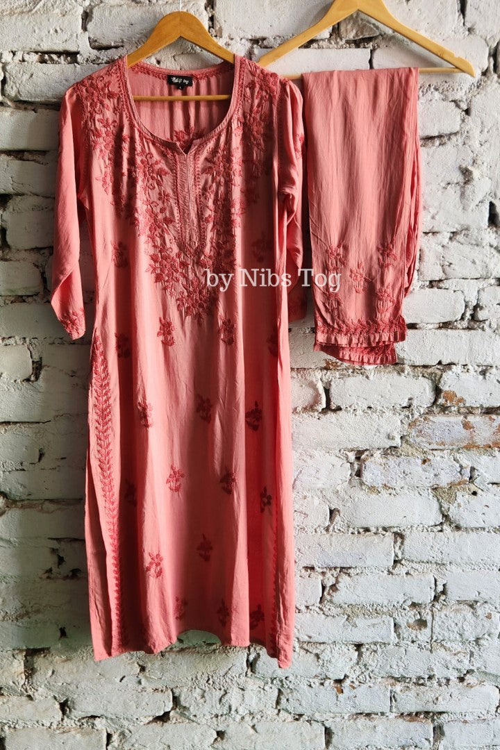 Nude Modal Cotton Chikankari Kurta Palazzo Set