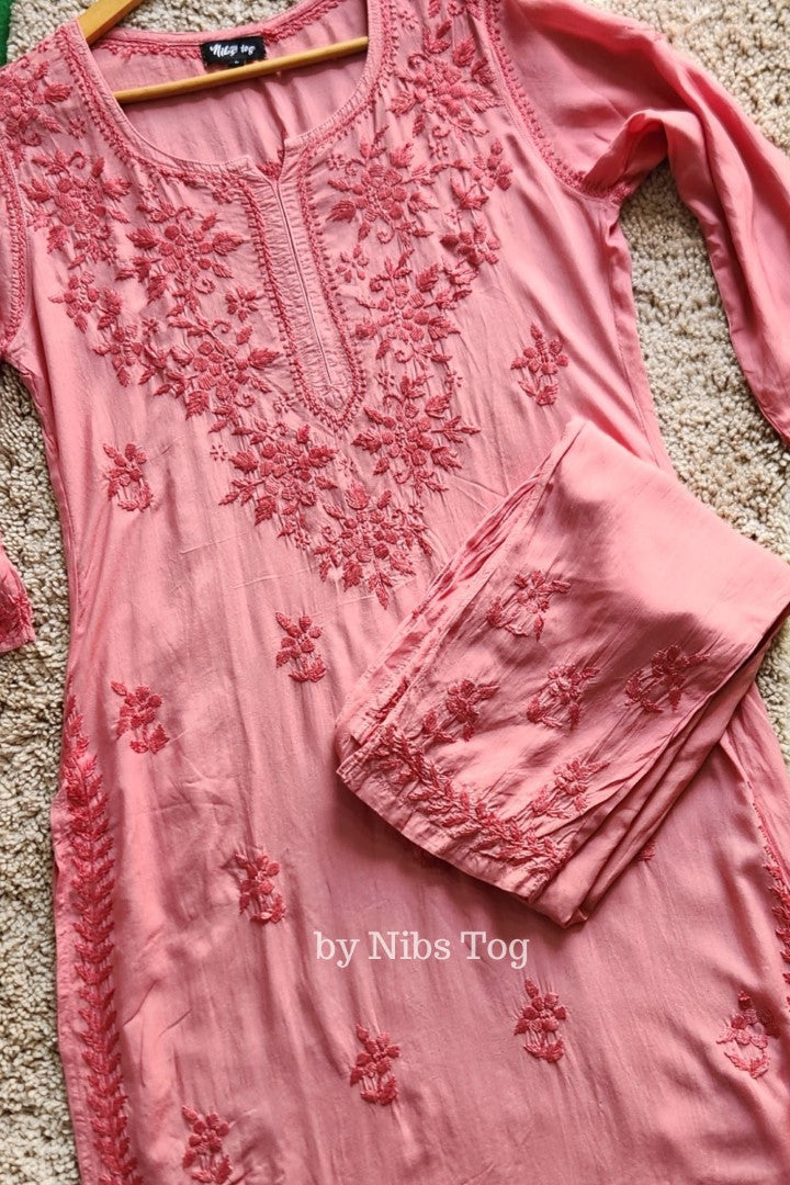 Nude Modal Cotton Chikankari Kurta Palazzo Set
