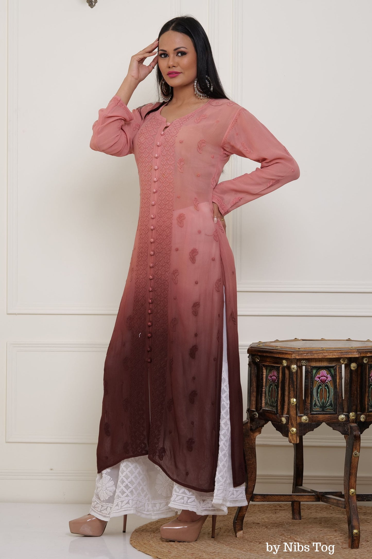 Brown Ombre Nahida Chikankari Straight Kurta