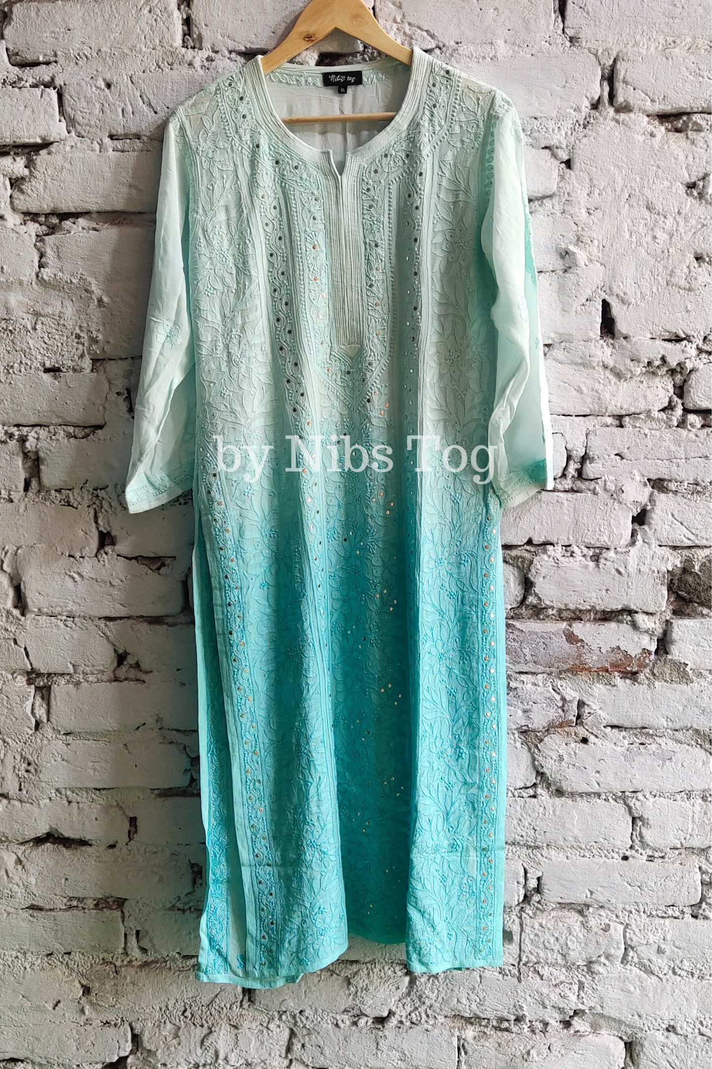 Ombre Sea Green Chikankari Kurta with Slip
