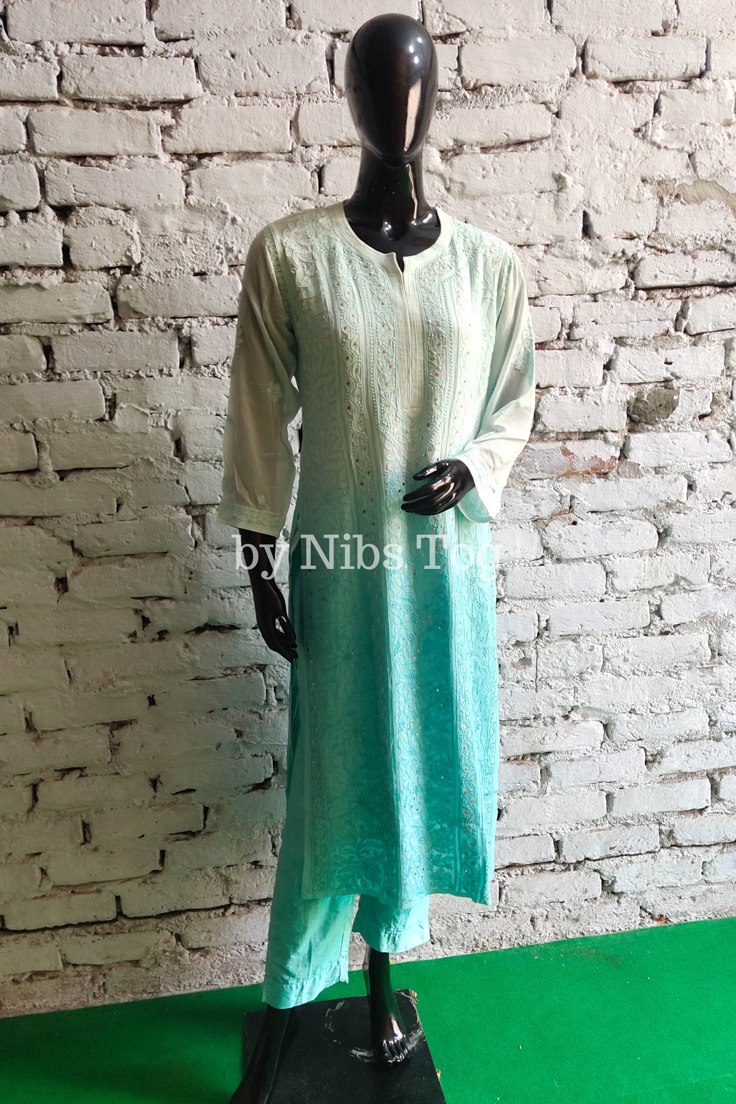 Ombre Sea Green Chikankari Kurta with Slip