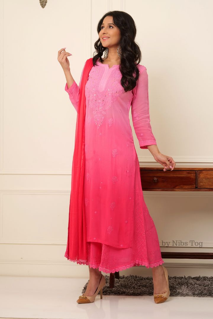 Ombre Pink Noor Chikankari Kurta Palazzo Set with Dupatta