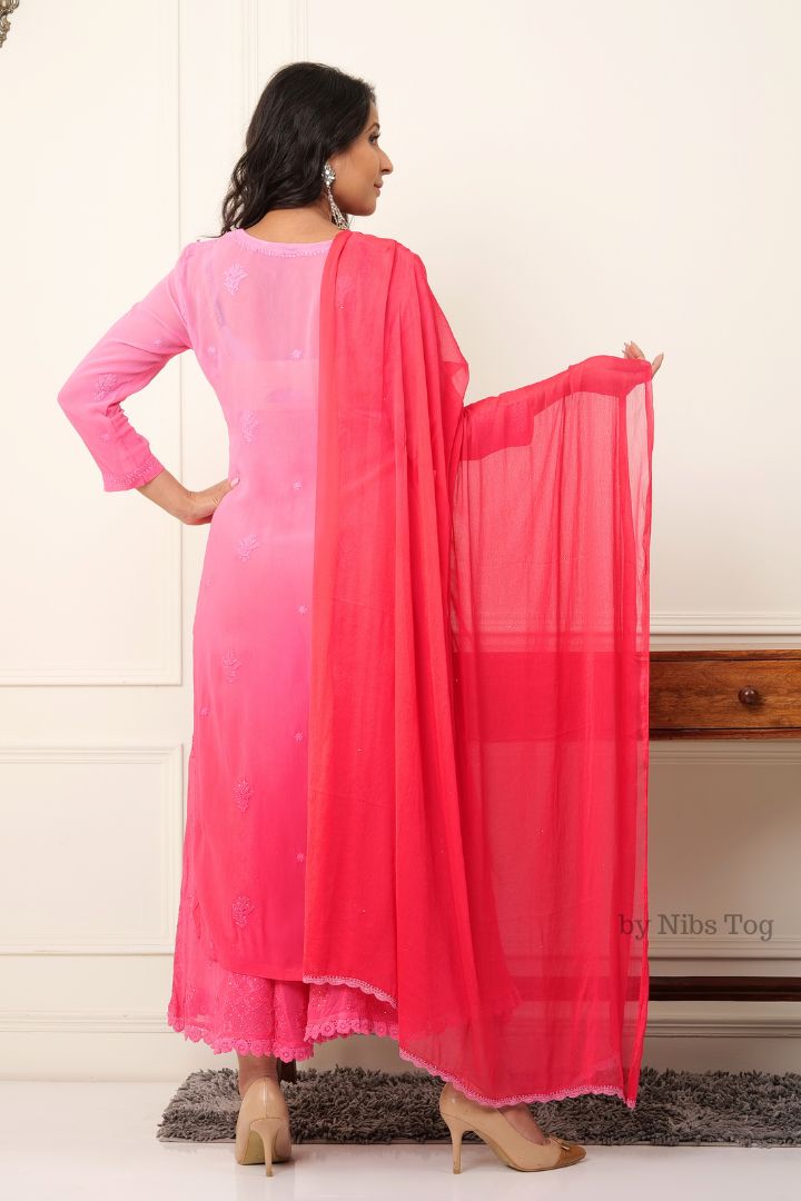 Ombre Pink Noor Chikankari Kurta Palazzo Set with Dupatta