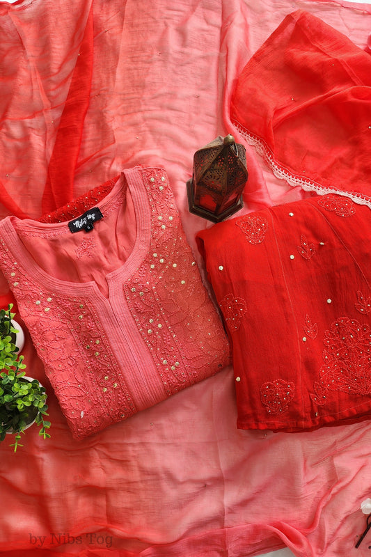 Shahista Ombre Red Chikankari Kurta Palazzo Set with Dupatta