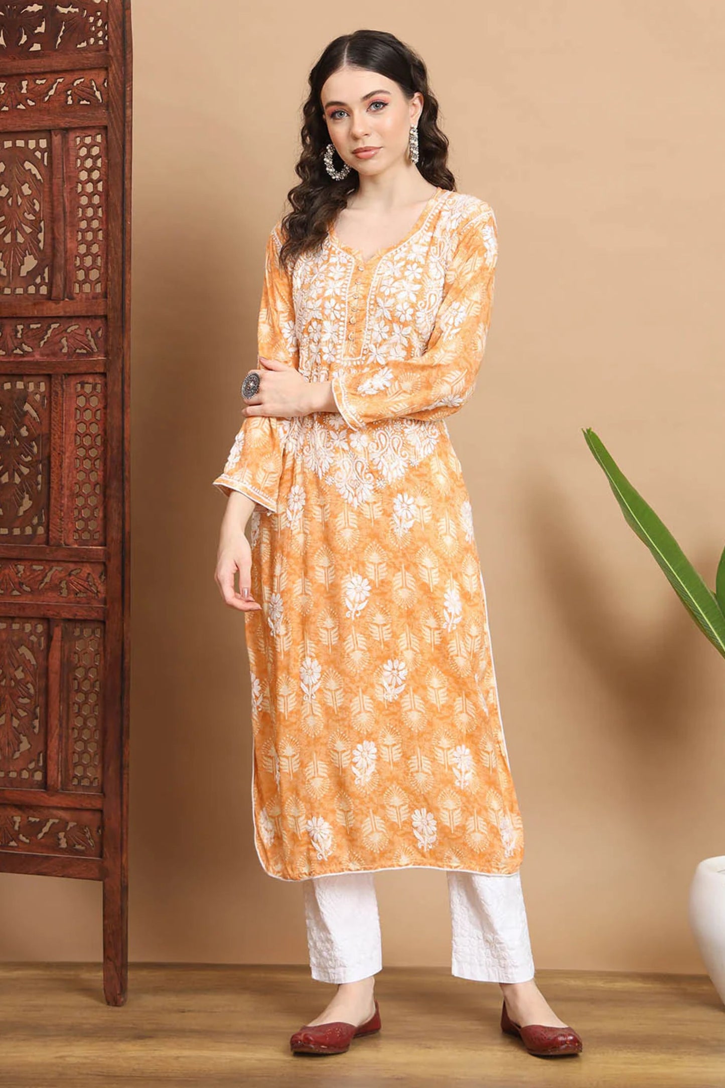 Peach Anisa Modal Cotton Chikankari Kurta Floral Printed