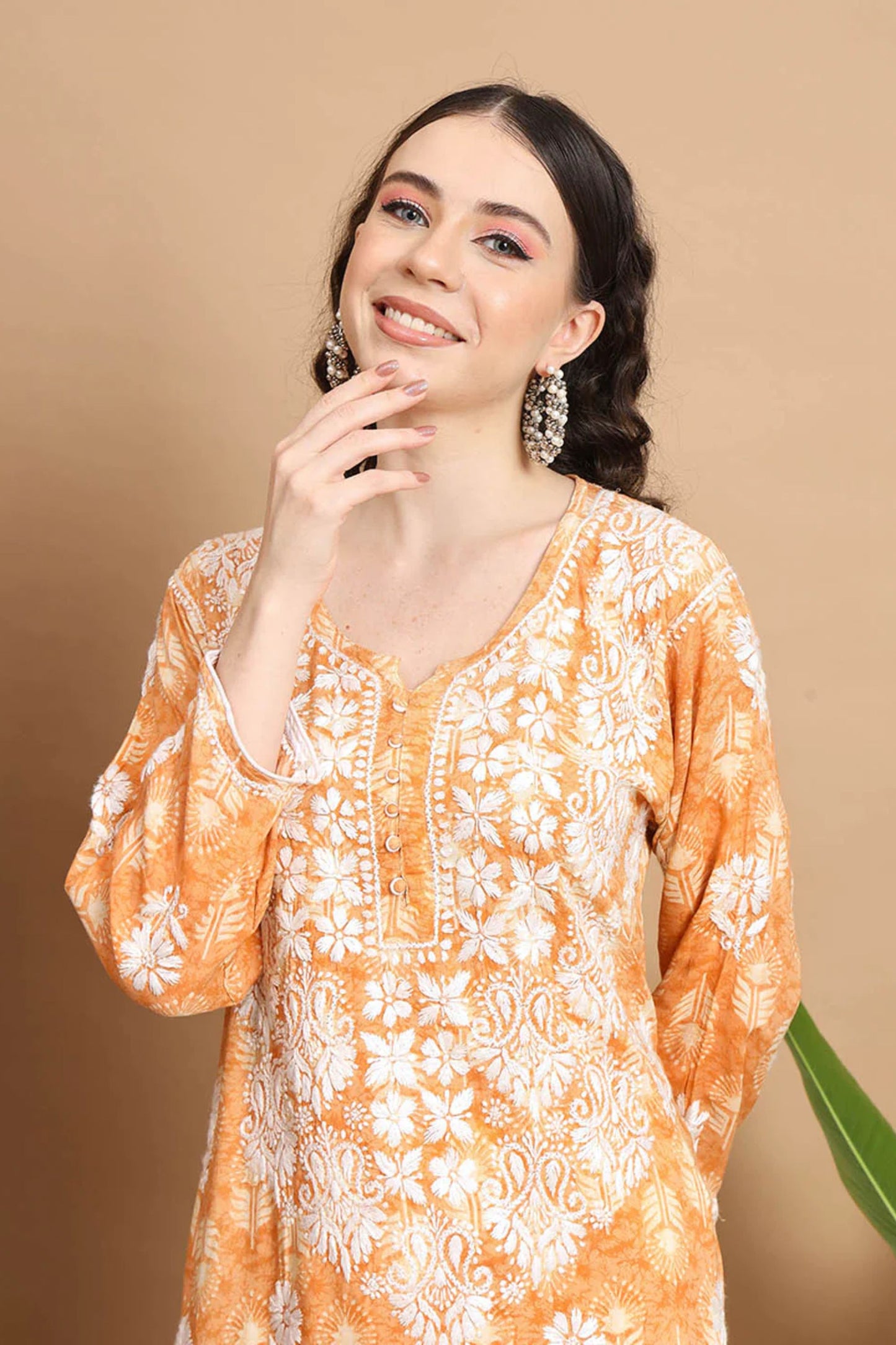 Peach Anisa Modal Cotton Chikankari Kurta Floral Printed
