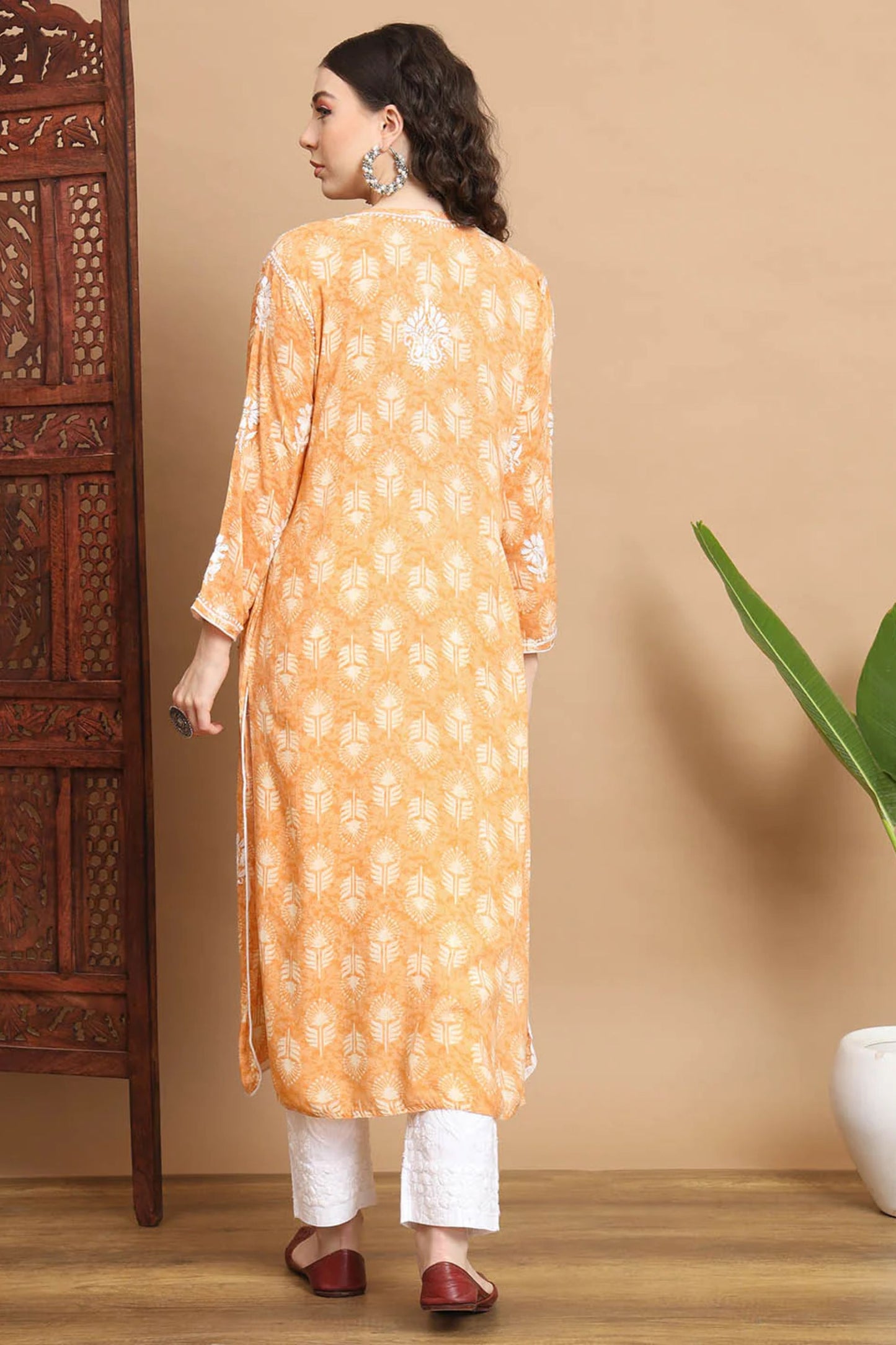 Peach Anisa Modal Cotton Chikankari Kurta Floral Printed