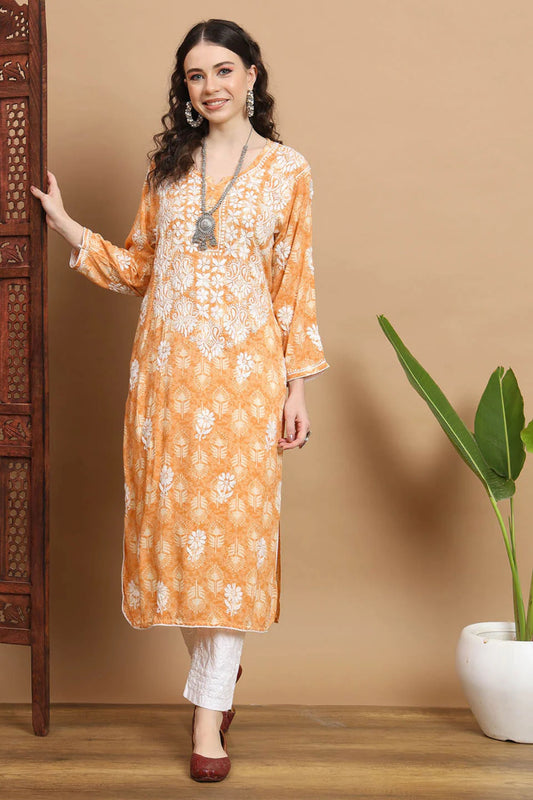Peach Anisa Modal Cotton Chikankari Kurta Floral Printed