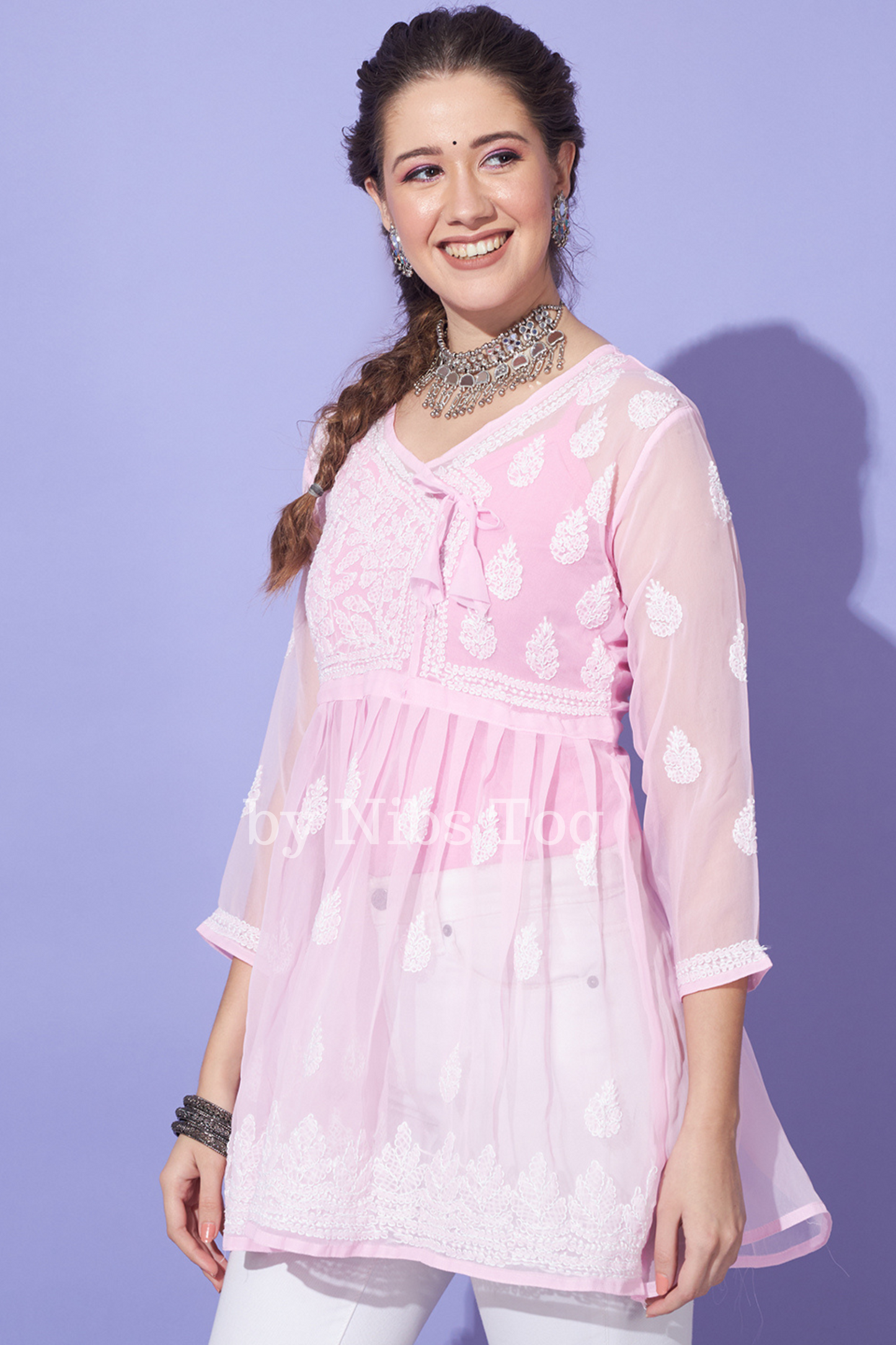 Angrakha Style Chikankari Short Kurta Georgette Baby Pink with Camisole