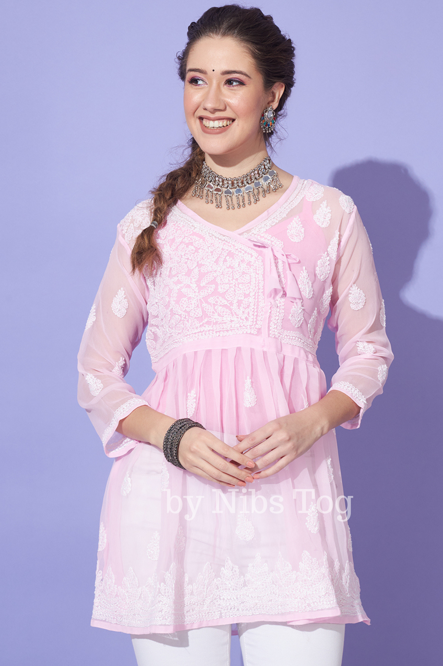 Angrakha Style Chikankari Short Kurta Georgette Baby Pink with Camisole